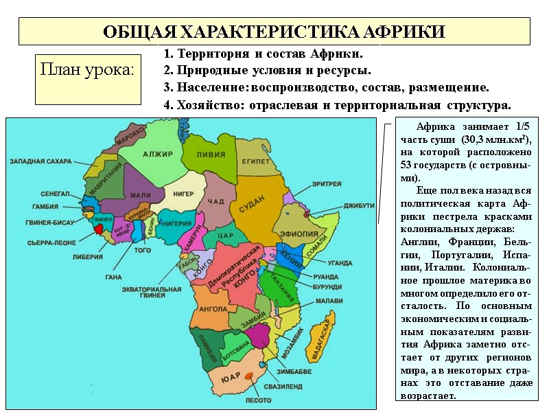 ОБЩАЯ ХАРАКТЕРИСТИКА АФРИКИ План урока:  1. Территория и состав Африки. 2. Природные условия